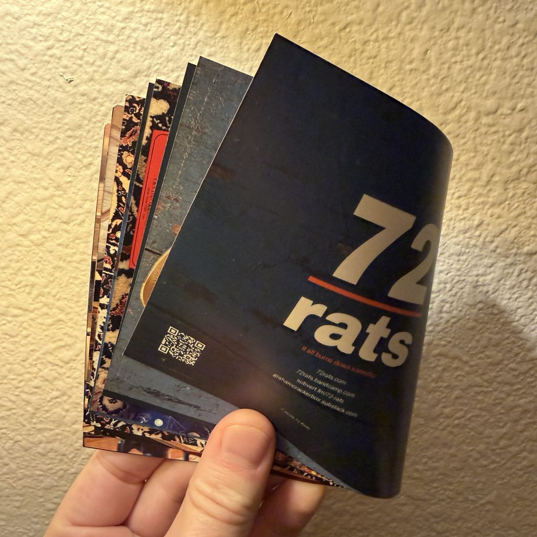 Printed liner notes book for It All Burns Down Someday, back cover with QR code and links